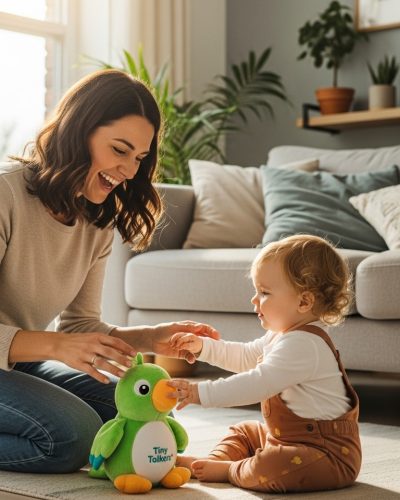 A mother and daughter sitting together, smiling and interacting with a tablet, showcasing bonding and speech learning time using the Tiny Talkers app. Speech blubs