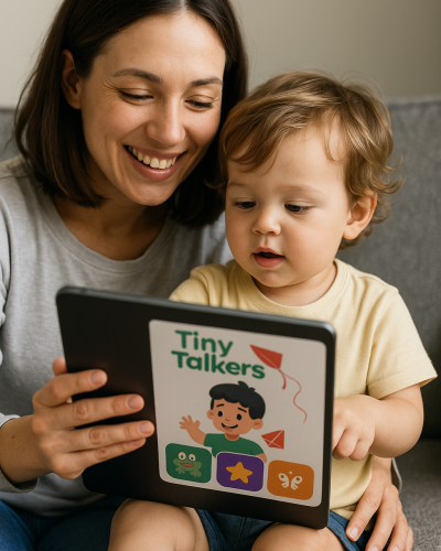Mother teaching toddler speech using Tiny Talkers app during a playful learning session