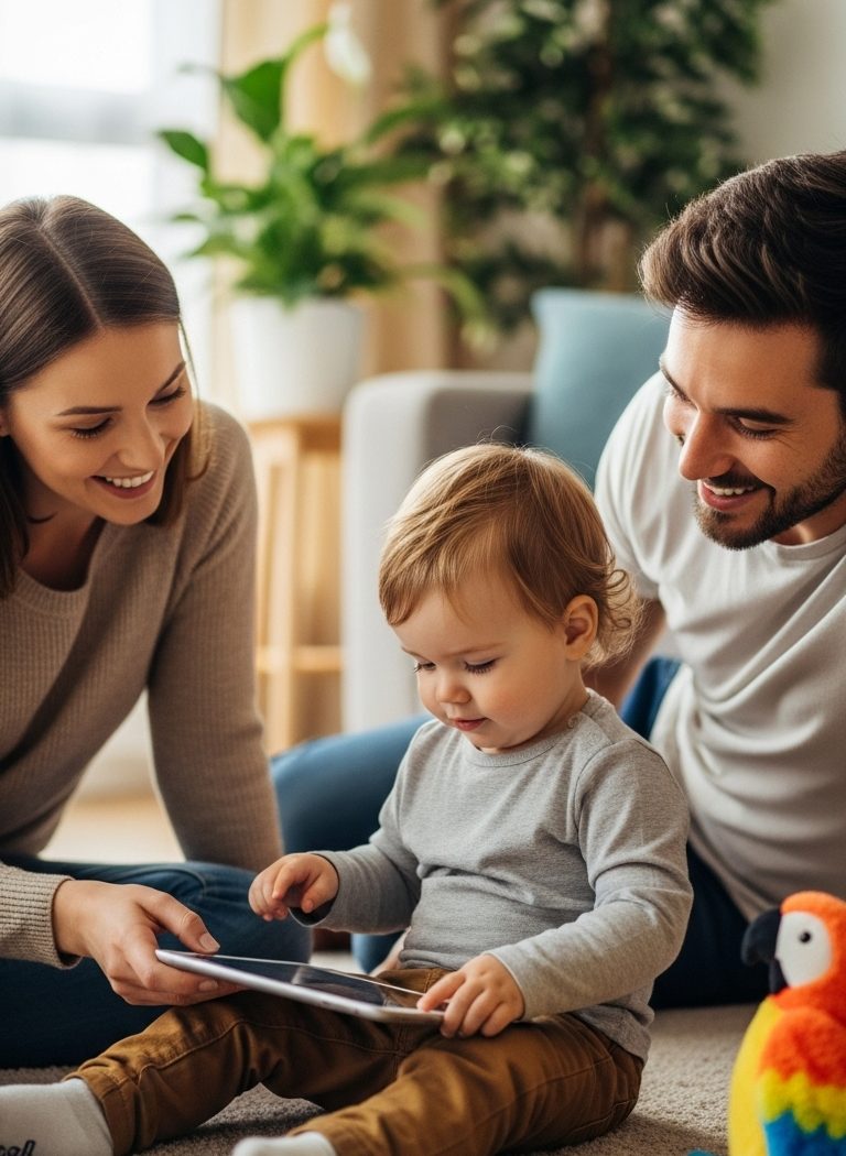 Toddler learning to talk using a speech therapy app with parent guidance, interactive tablet activities, and plush toy — alternative to Speech Blubs for speech delay support.
